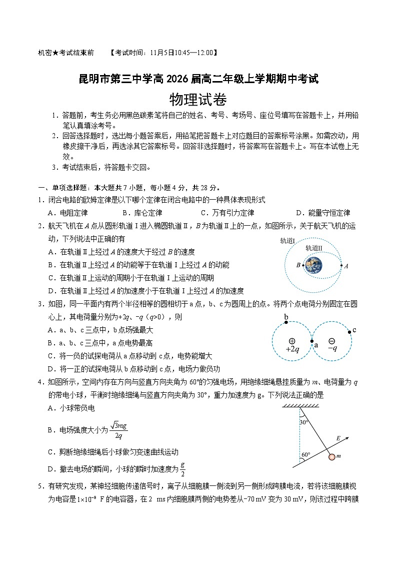 云南省昆明市第三中学2024-2025学年高二上学期11月期中考试物理试卷01