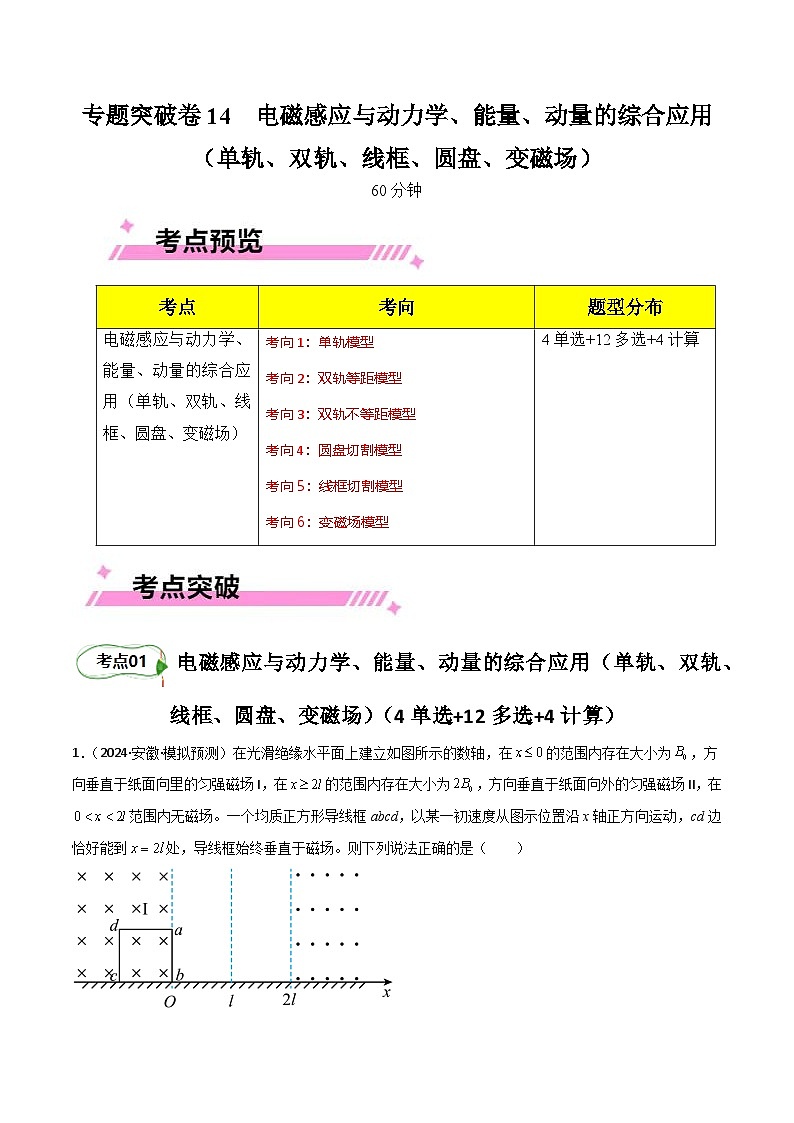 专题突破卷14 电磁感应与动力学、能量、动量的综合应用（单轨、双轨、线框、圆盘、变磁场）（原卷版） 第1页