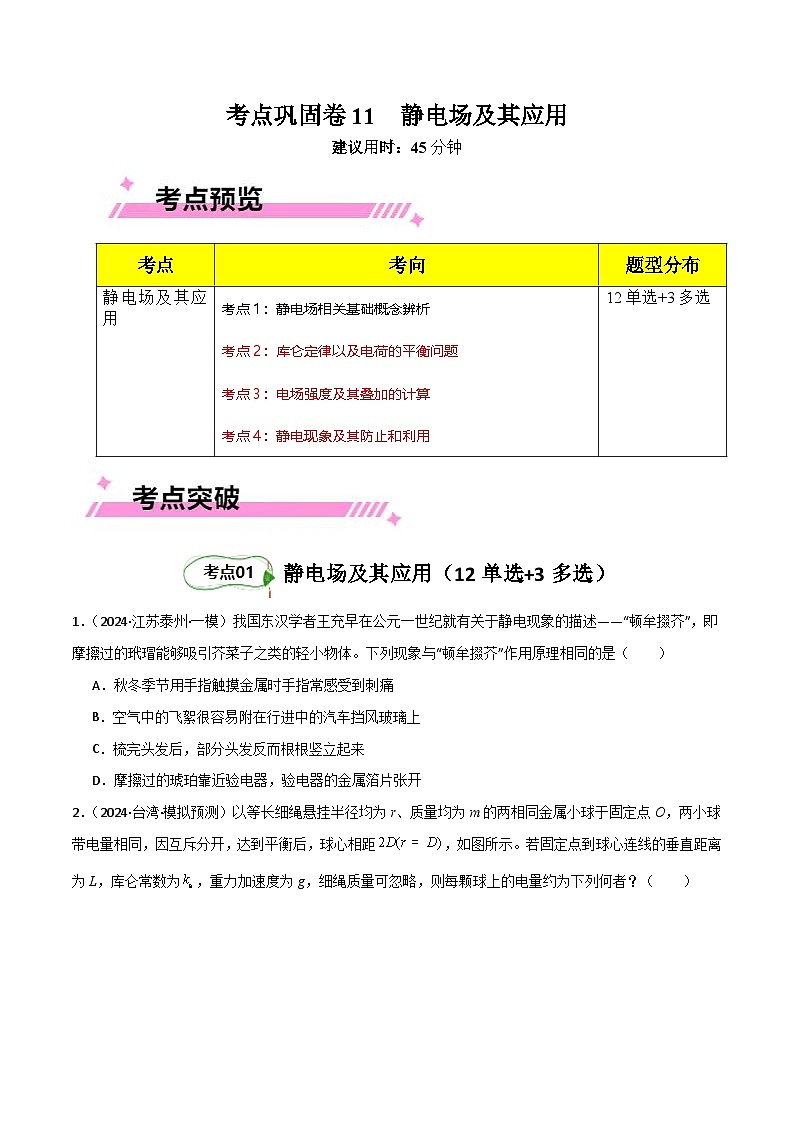 考点巩固卷11 静电场及其应用（原卷版）第1页