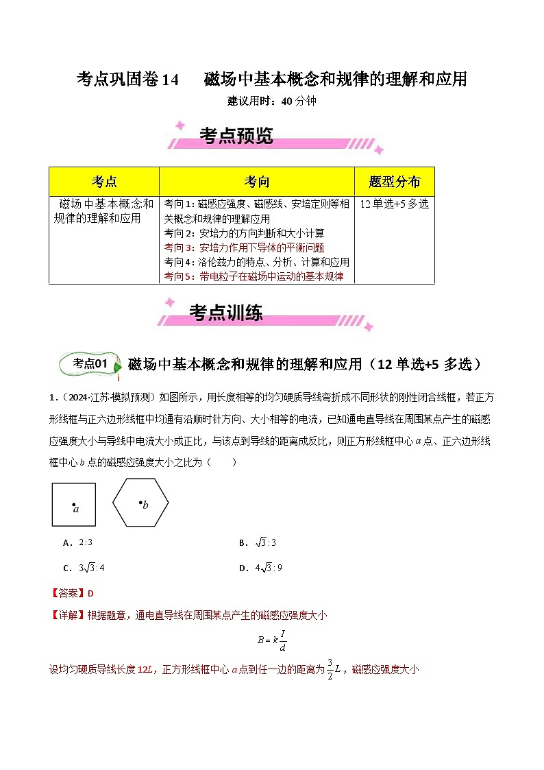 考点巩固卷14 磁场中基本概念和规律的理解和应用（解析版）第1页