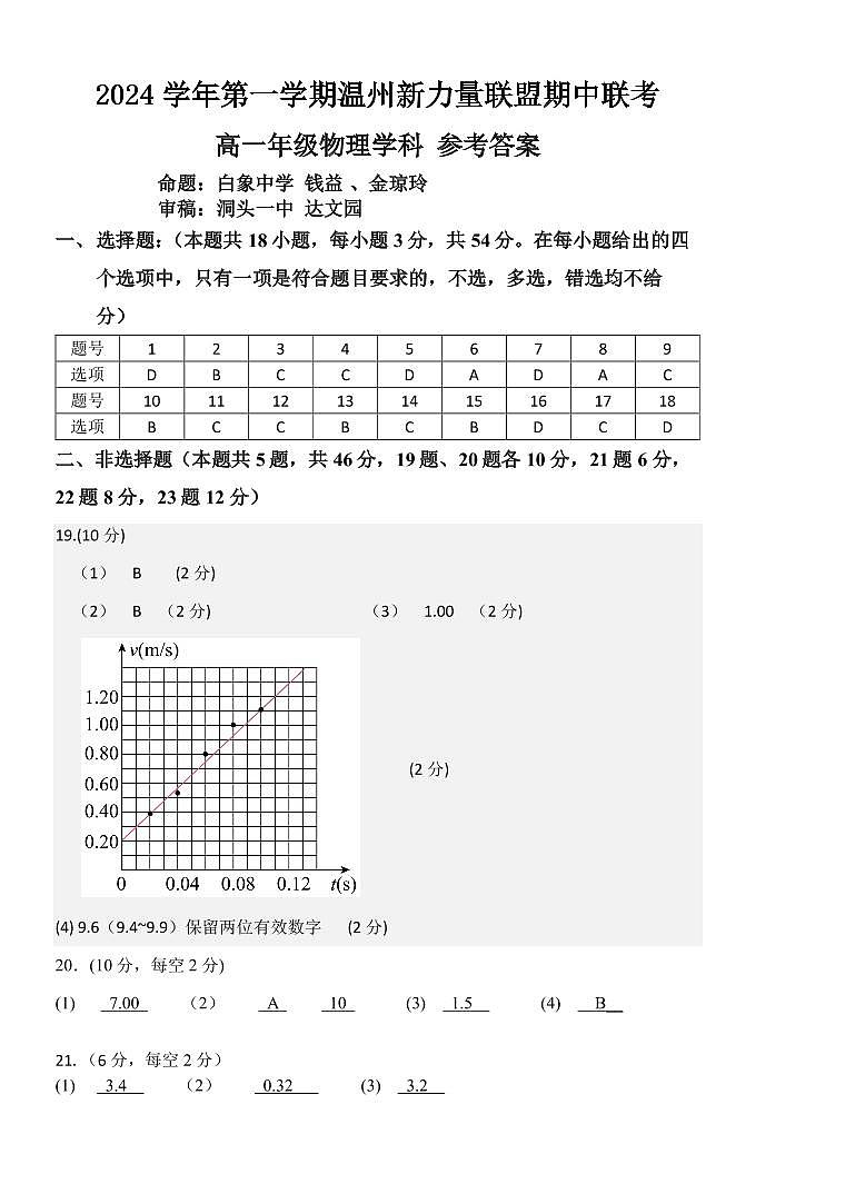 浙江省温州新力量联盟2024-2025学年高一上学期期中联考物理试卷01