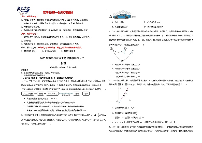 2025届高中学业水平考试模拟试题（二）-2025年高考物理一轮复习考点通关卷（新高考通用）（考试版）第1页