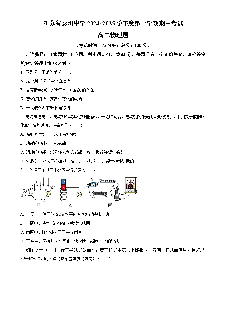 精品解析：江苏省泰州中学2024-2025学年高二上学期11月期中物理试题01