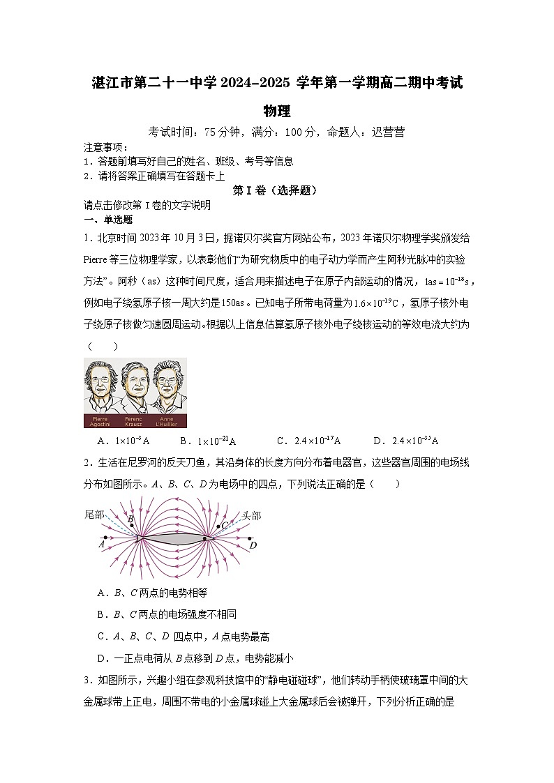 广东省湛江市第二十一中学2024-2025学年高二上学期期中考试物理试题第1页