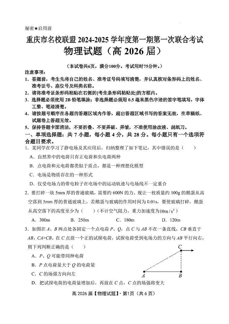 重庆名校联盟2024年高二上学期11月期中物理试题第1页
