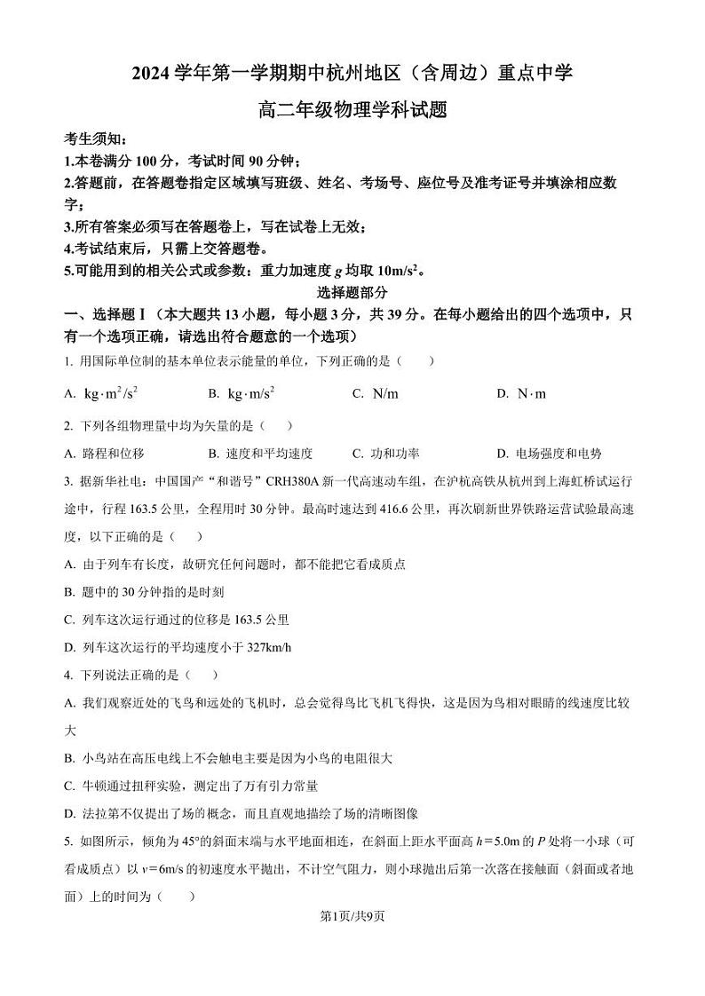 浙江省杭州地区（含周边）重点中学2024年高二上学期11月期中物理试题（原卷版）第1页