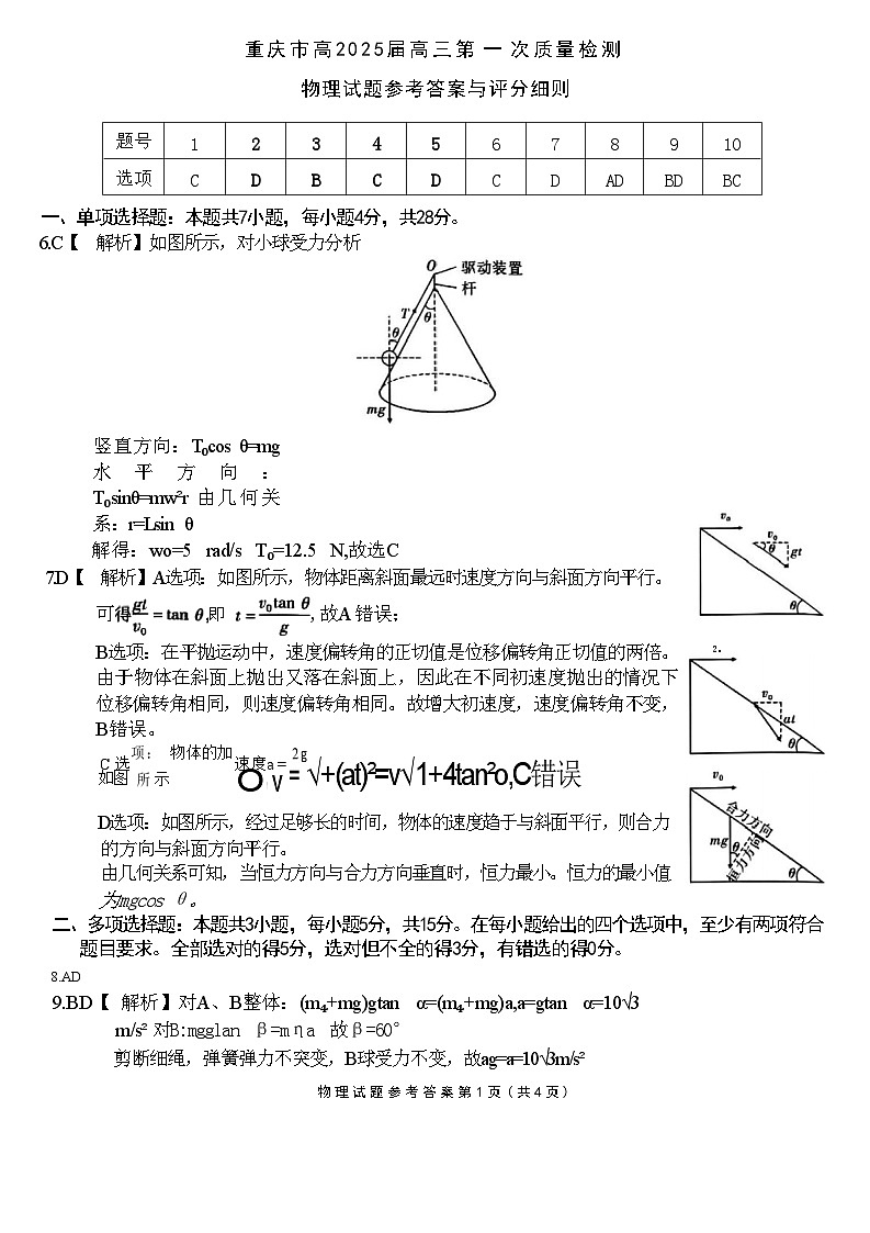 重庆市南开中学高2025届高三第一次质量检测+物理答案第1页