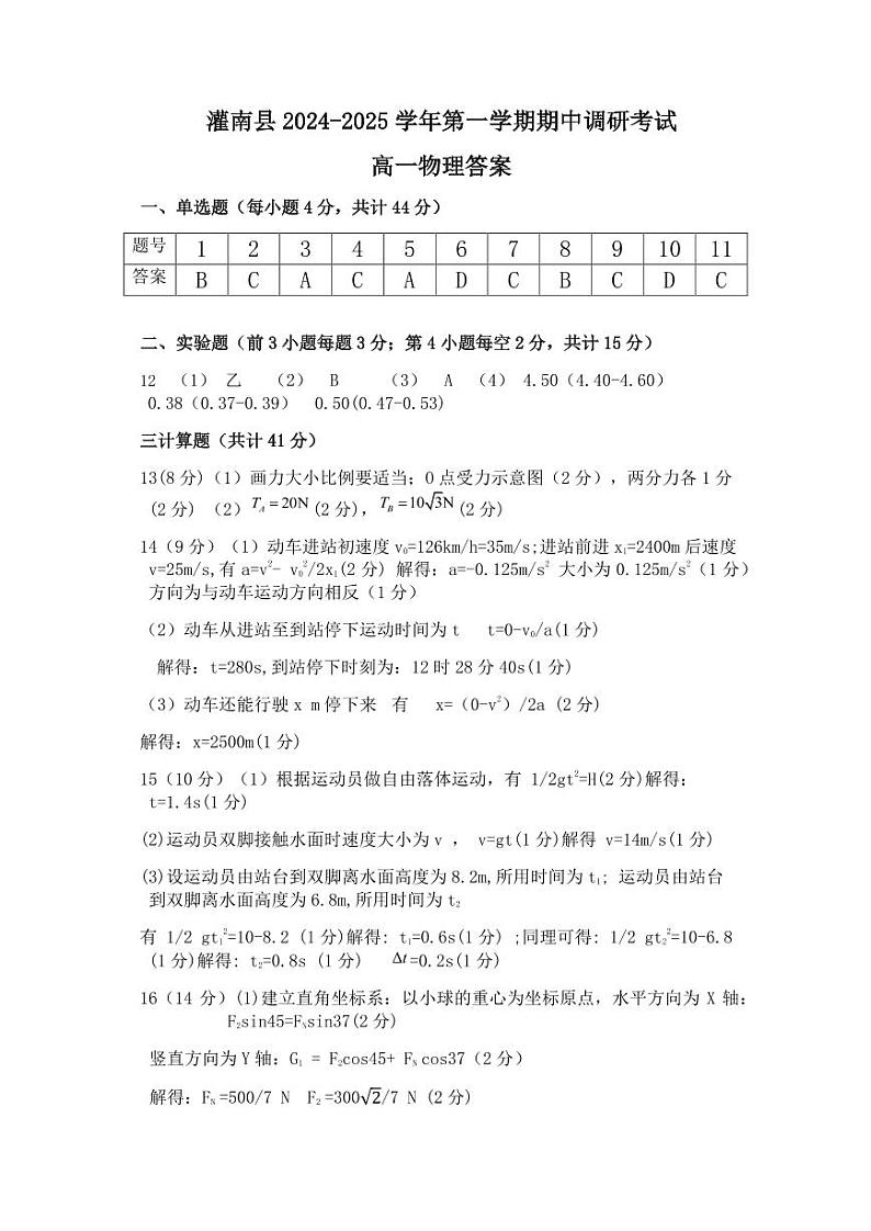 高一物理答案第1页