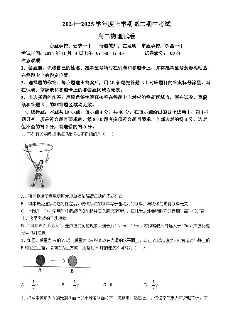 湖北省新高考联考协作体2024-2025学年高二上学期11月期中联考物理试卷（Word版附解析）第1页
