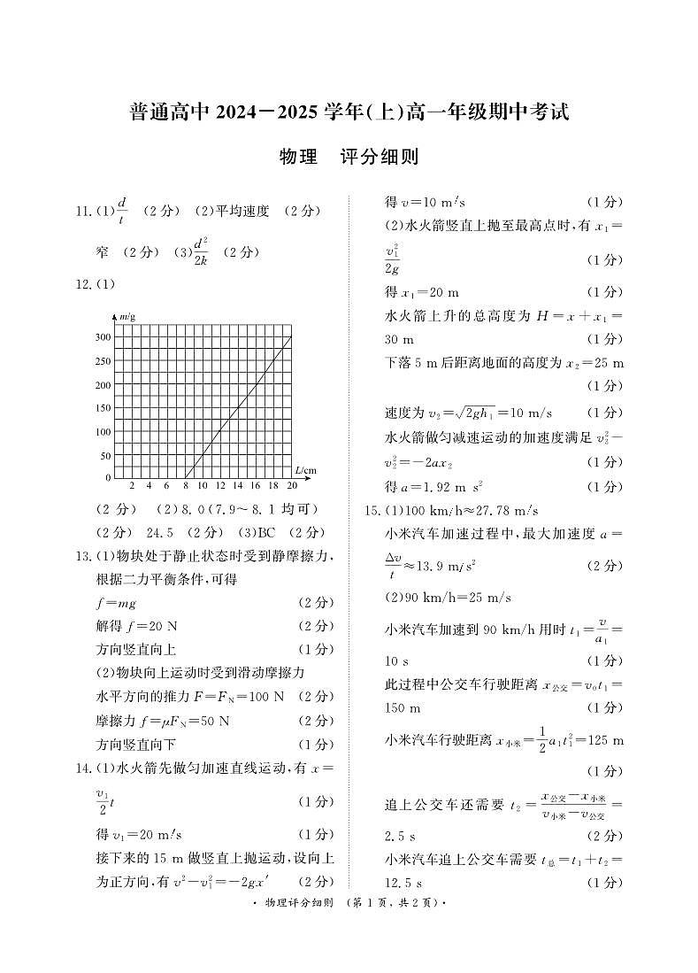 11月高一联考物理 评分细则第1页