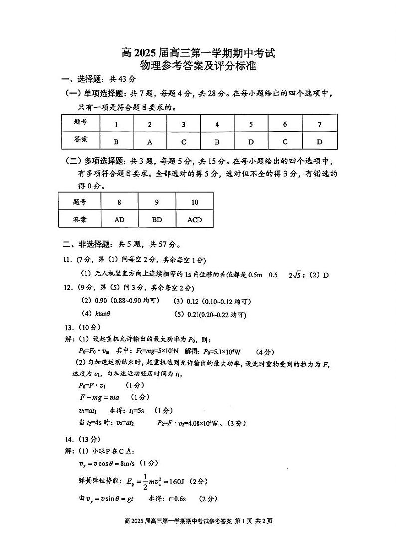 2025重庆市高三上学期10月期中考试物理含答案01