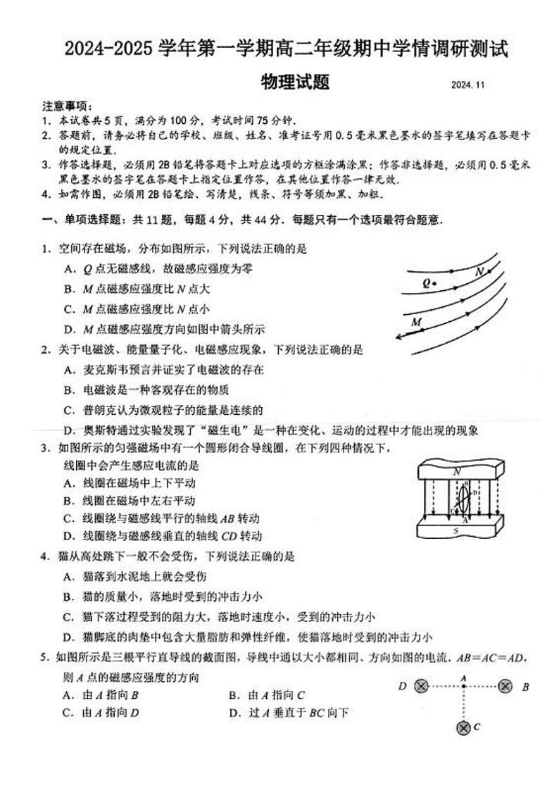 江苏省扬州市高邮市2024～2025学年高二(上)期中物理试卷(含答案)第1页