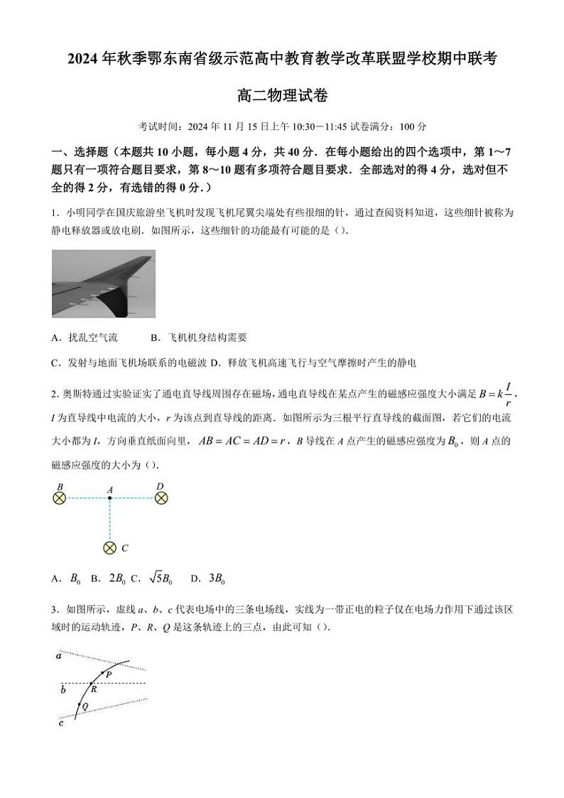 湖北省鄂东南省级示范高中教育教学改革联盟学校2024～2025学年高二(上)期中联考物理试卷(含解析)第1页