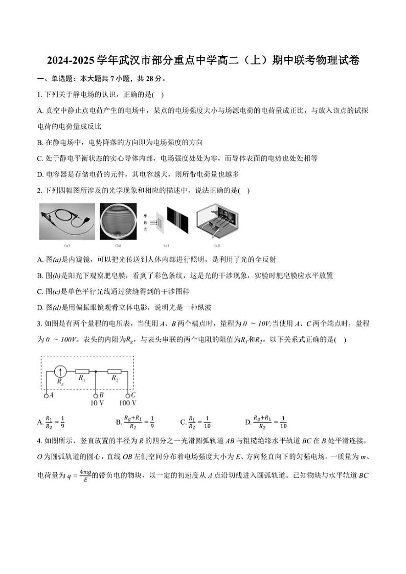 湖北省武汉市六校联考2024～2025学年高二(上)期中物理试卷(含解析)第1页