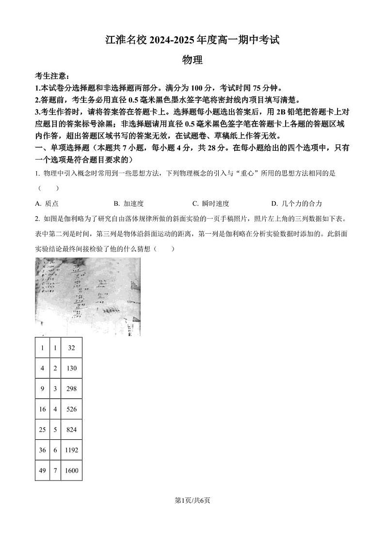 安徽江淮名校联盟2024年高一11月期中考试物理试题第1页