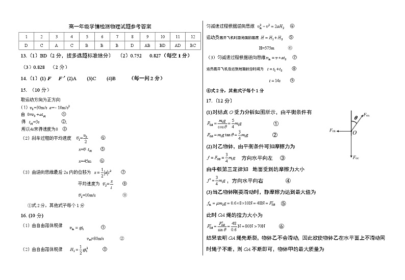 高一物理期中考试答案第1页