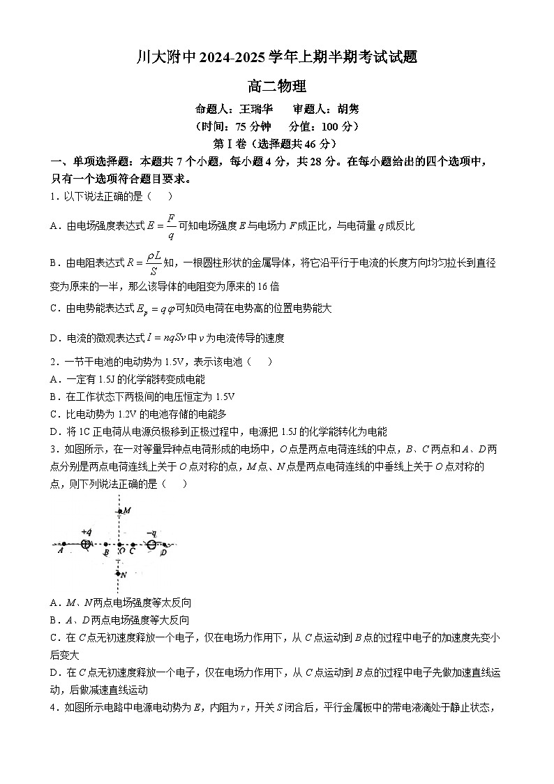 四川省成都市第十二中学（四川大学附属中学）2024-2025学年高二上学期期中物理试题(无答案)第1页