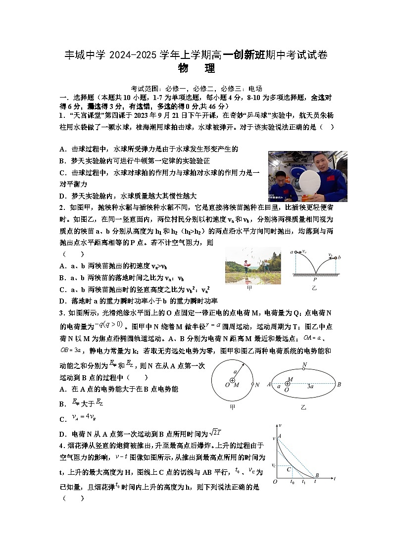 丰城中学2024-2025学年上学期高一期中考试物理试卷（创新班）第1页