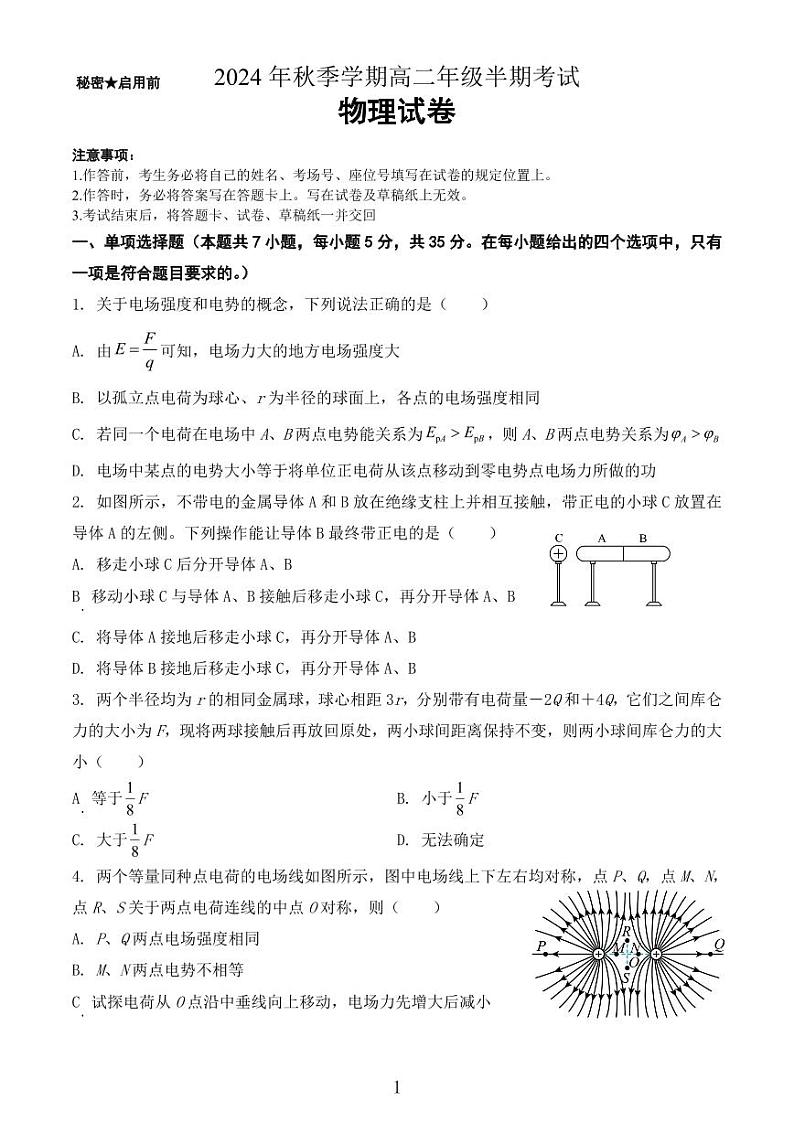重庆市第九十四中学2024-2025学年高二上学期期中考试物理试题第1页