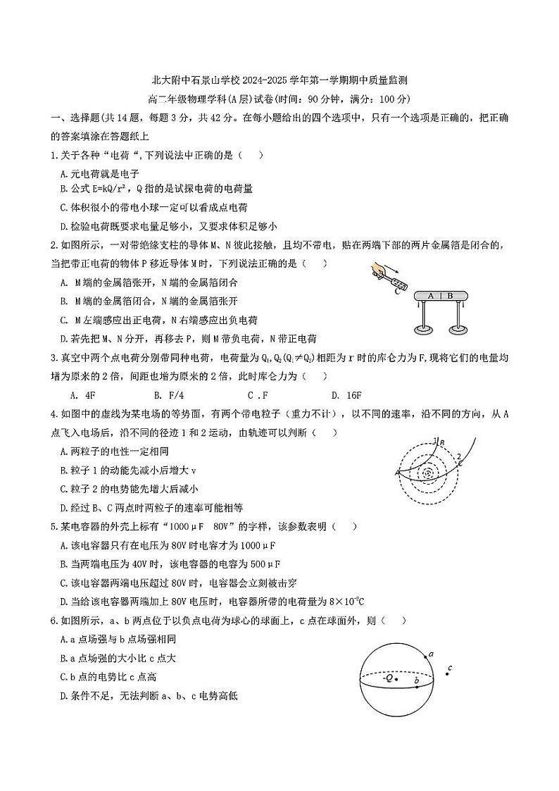 北京市北京大学附属中学石景山学校2024-2025学年高二上学期期中质量监测物理试题（A层）第1页