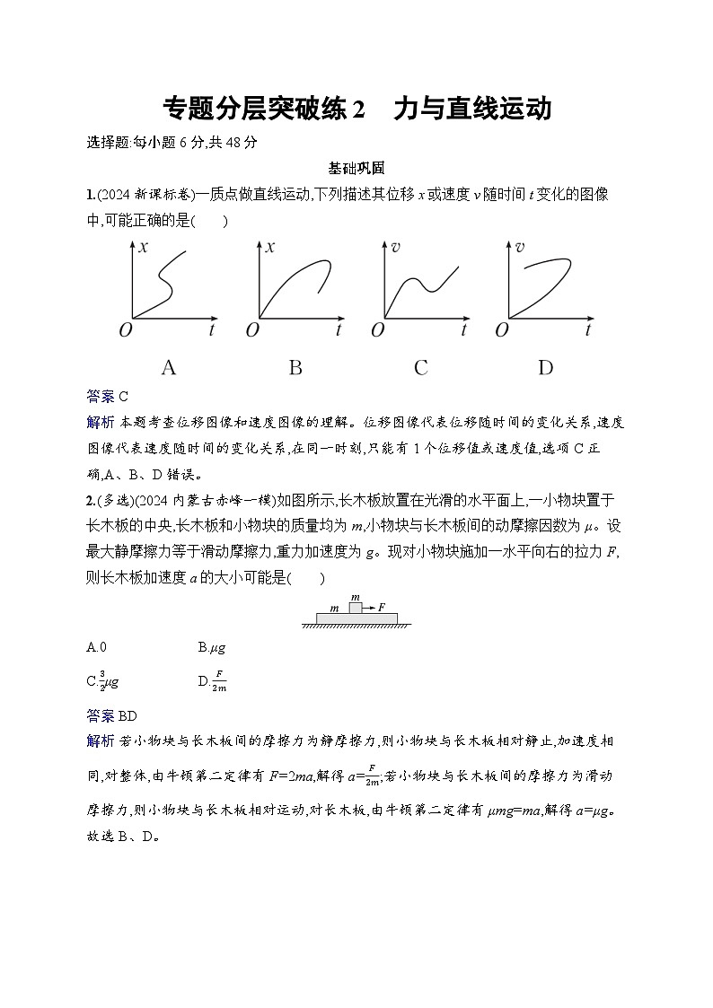 备战2025年高考二轮复习物理（山东专版）专题分层突破练2 力与直线运动（Word版附解析）第1页