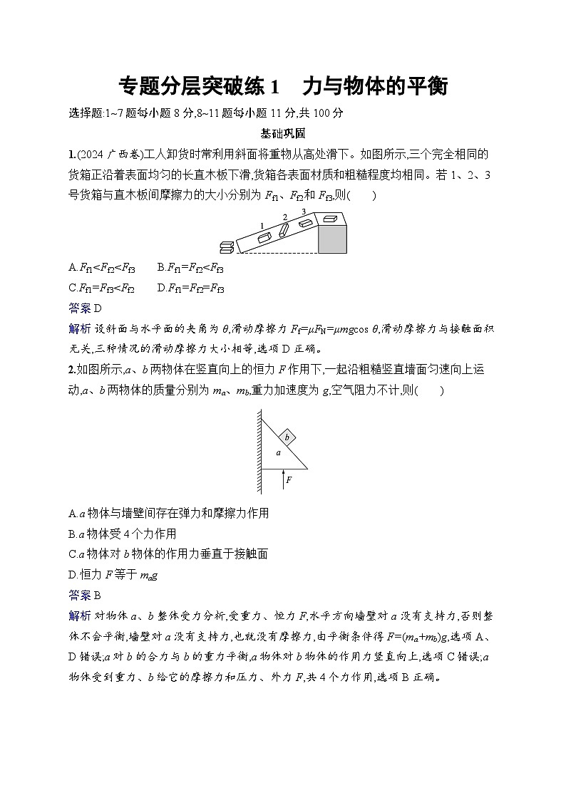 备战2025年高考二轮复习物理（湖南版）专题分层突破练1 力与物体的平衡（Word版附解析）第1页