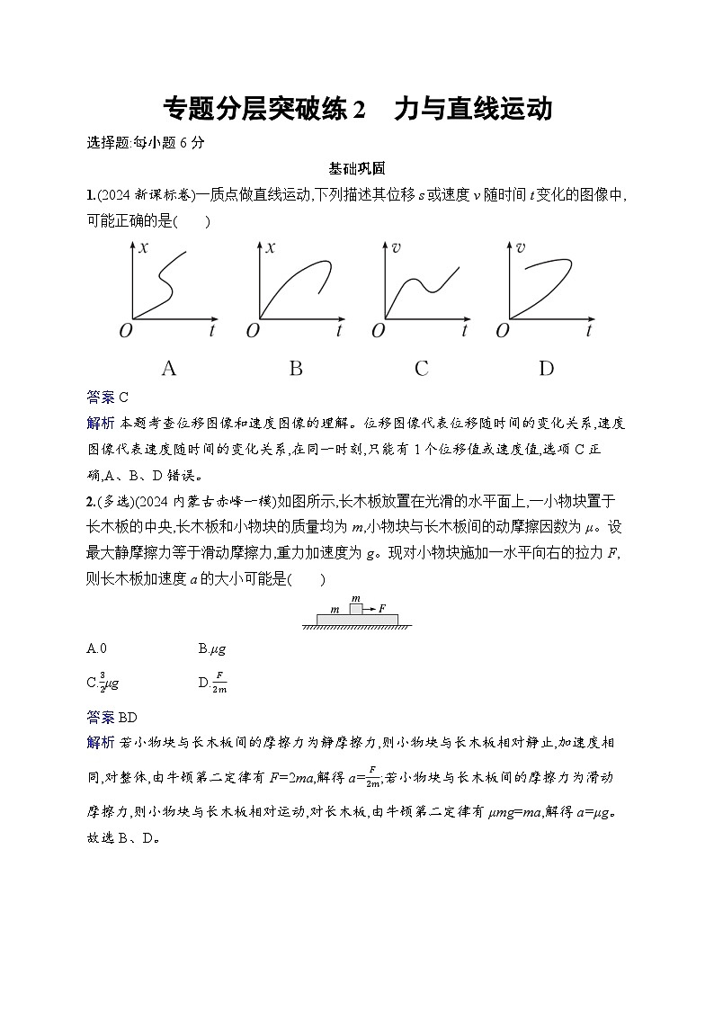 备战2025年高考二轮复习物理（福建专版） 专题分层突破练2 力与直线运动（Word版附解析）第1页