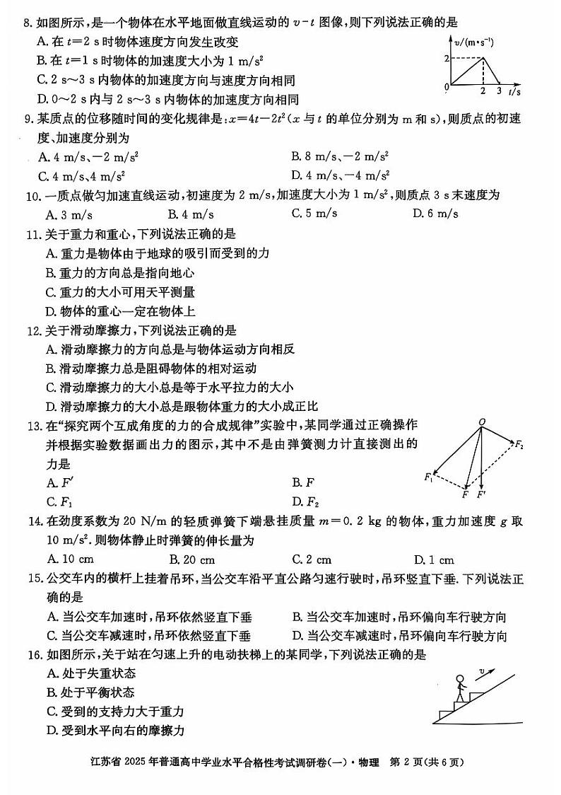 2025年江苏省盐城市高中学业水平合格性考试调研卷物理试题（一）第2页