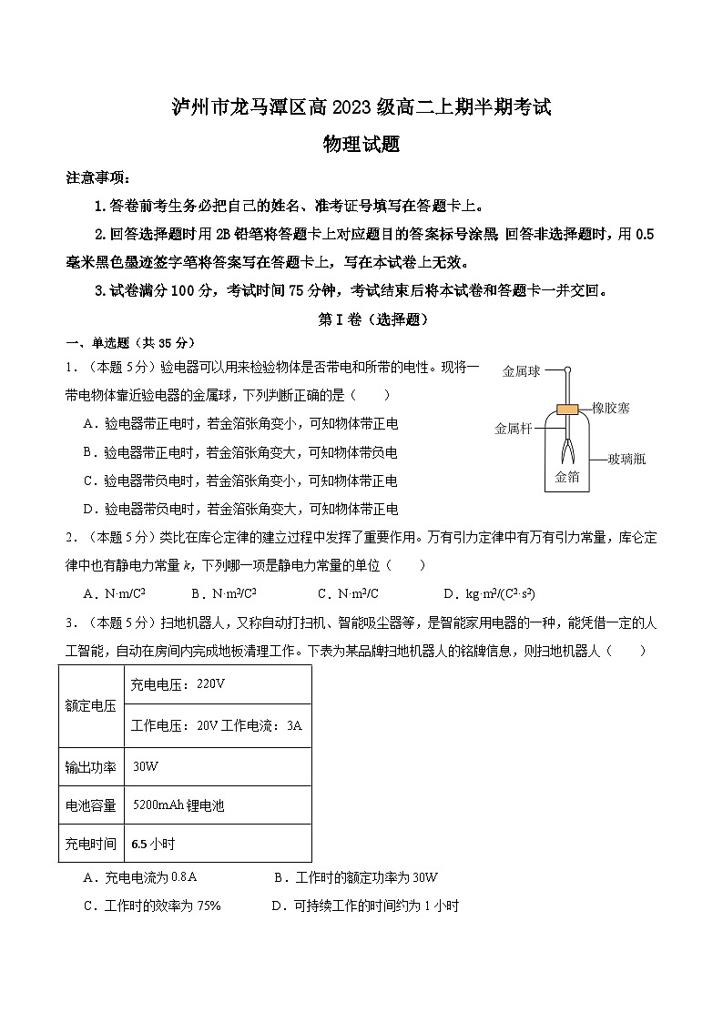 四川省泸州市龙马潭区2024-2025学年高二上学期11月期中物理试题第1页