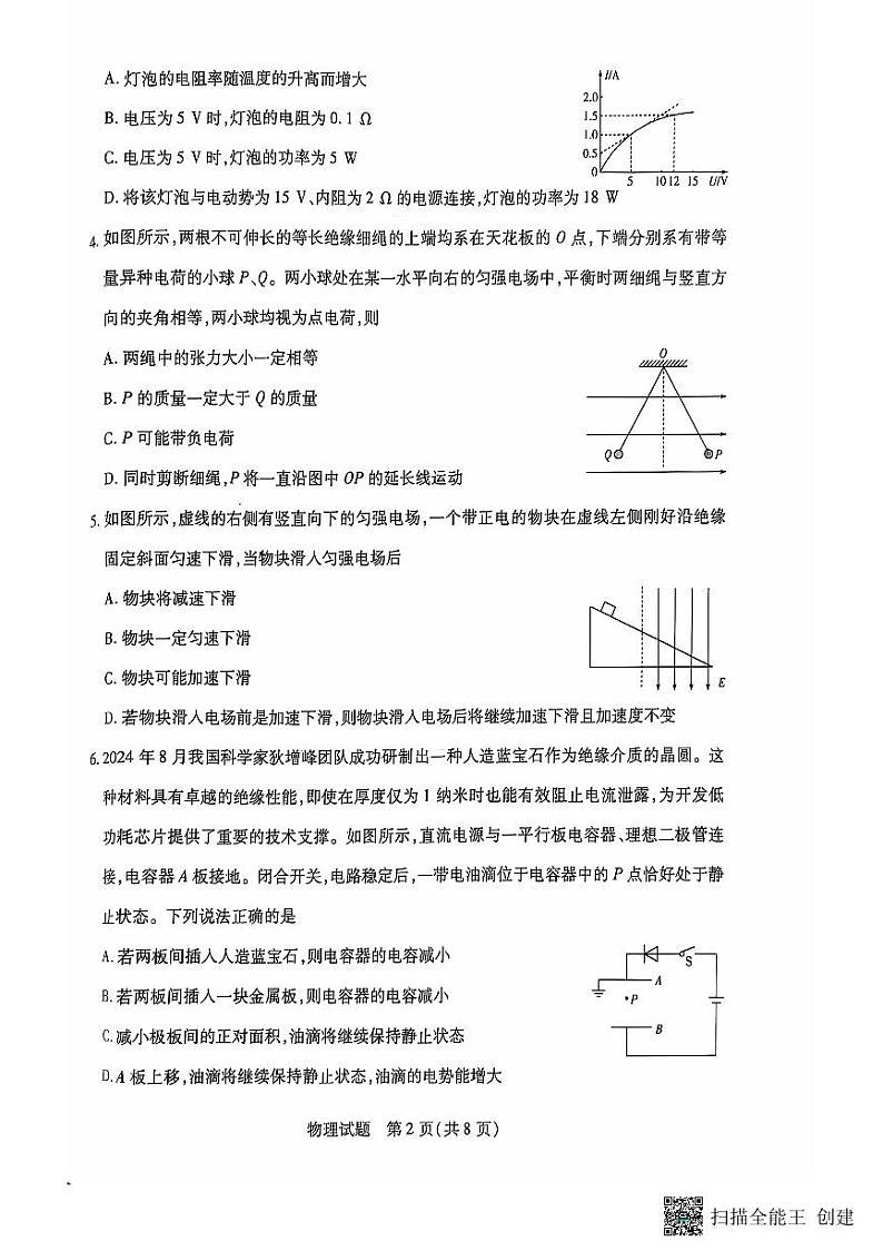 安徽卓越县中联盟皖豫名校联盟2024-2025学年高二第一学期物理期中考试第2页