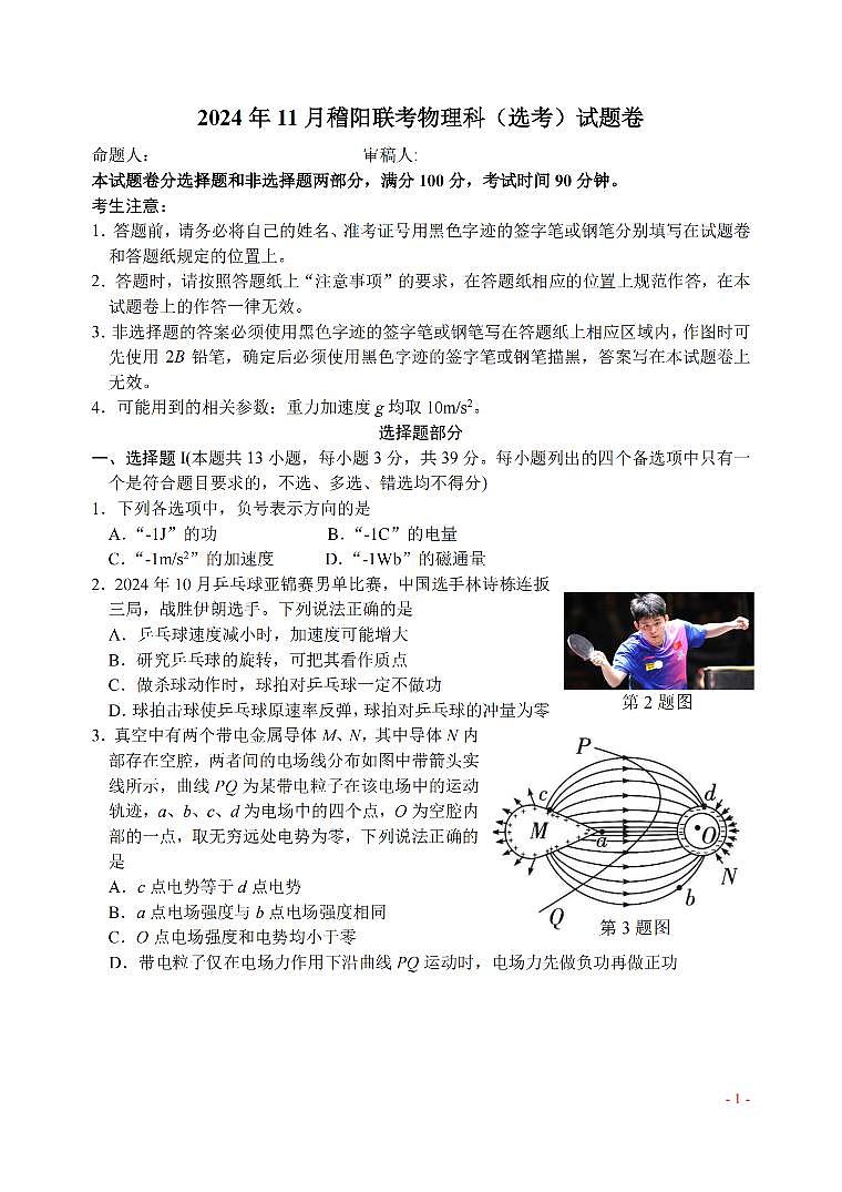 浙江省稽阳联谊学校2024-2025学年高三上学期11月联考物理（选考）试题01