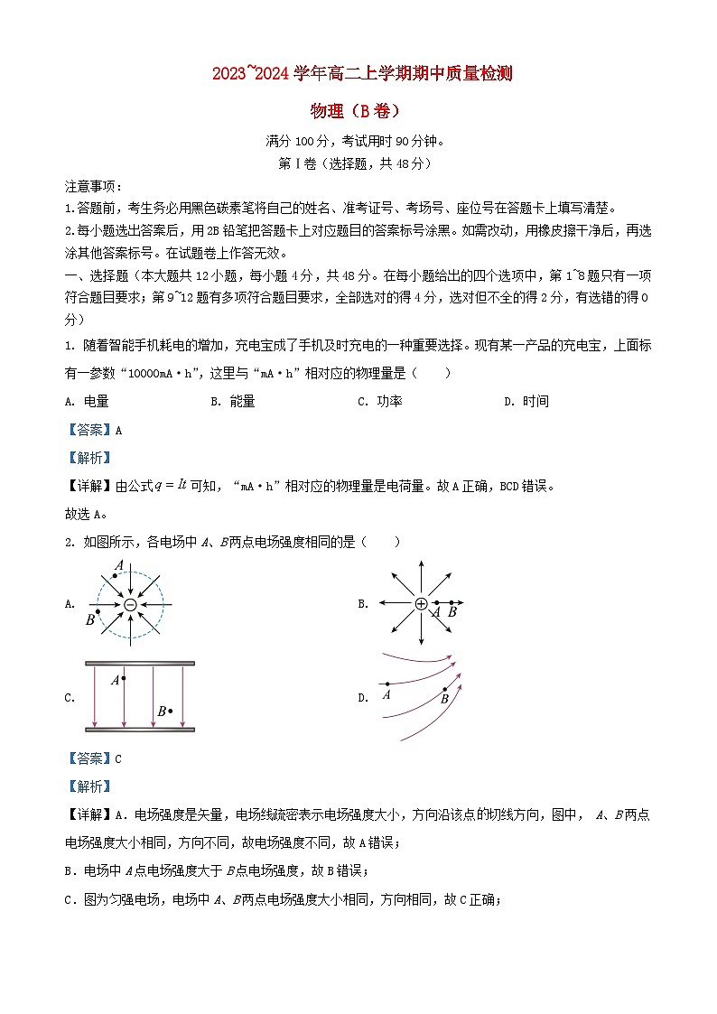 云南省昭通市鲁甸县2023_2024学年高二物理上学期期中试题B卷含解析第1页