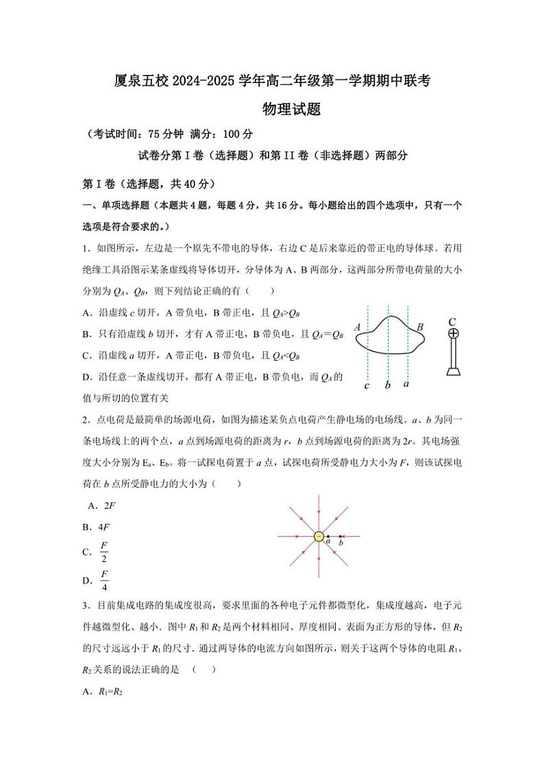 2024～2025学年福建省厦门市、泉州市五校高二(上)期中联考试卷物理(含答案)01