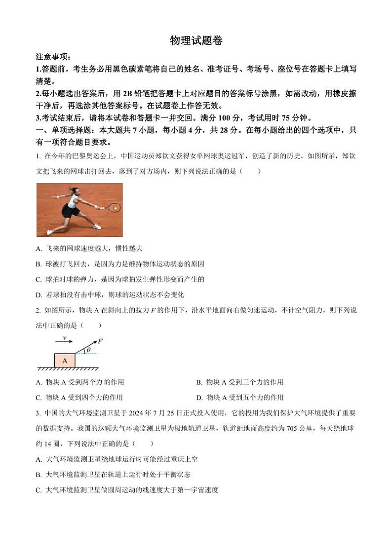 2024～2025学年重庆市第一中学高三(上)10月适应性考试物理试卷(二)(含答案)第1页