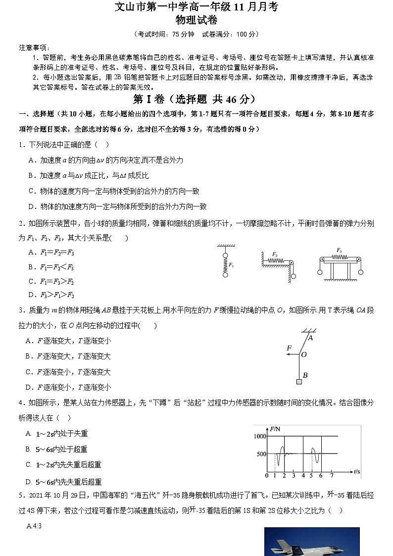 文山市第一中学高一物理期11月月考卷第1页