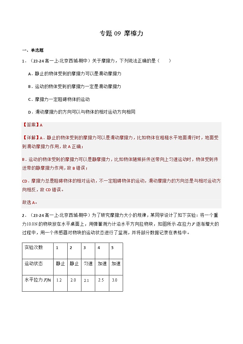 专题09 摩檫力（解释版）-备战2024-2025学年高一物理上学期期中真题分类汇编（北京专用）第1页