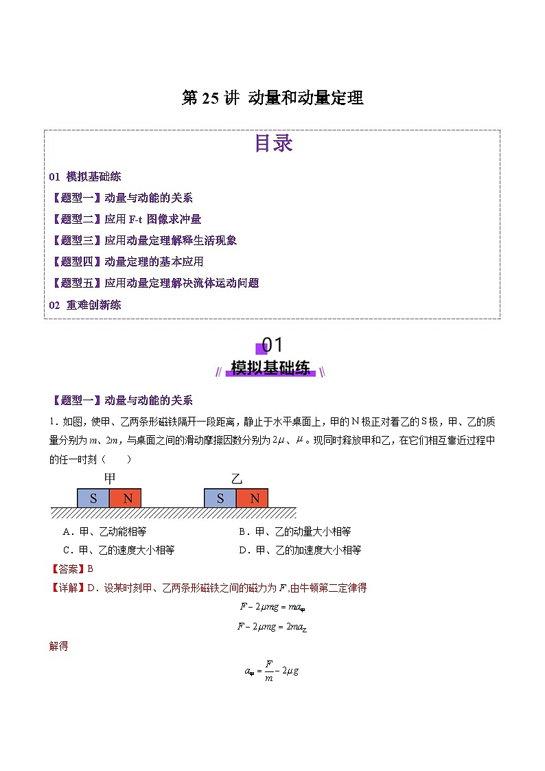第25讲 动量和动量定理（练习）（解析版）-2025年高考物理一轮复习讲练测（新教材新高考）第1页