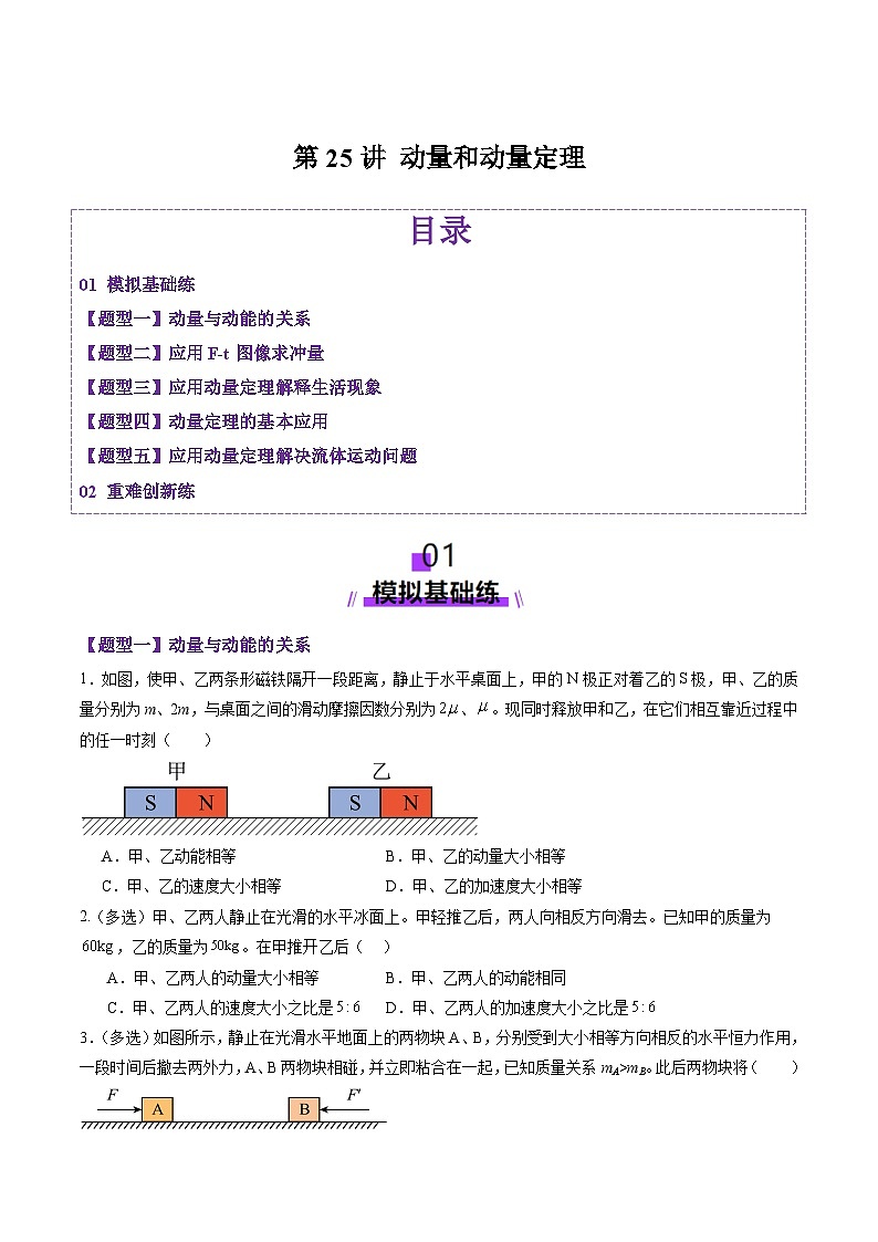 第25讲 动量和动量定理（练习）（原卷版）-2025年高考物理一轮复习讲练测（新教材新高考）第1页