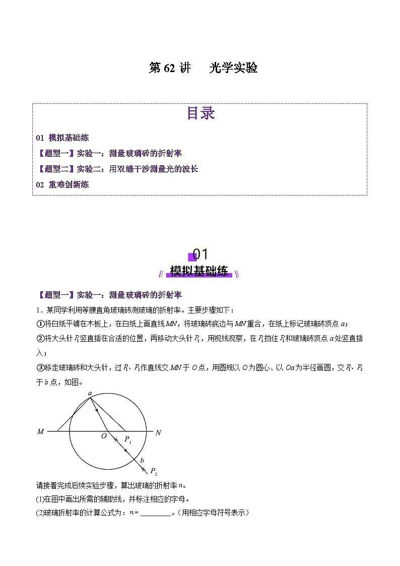 第62讲   光学实验（练习）（原卷版）-2025年高考物理一轮复习讲练测（新教材新高考）01