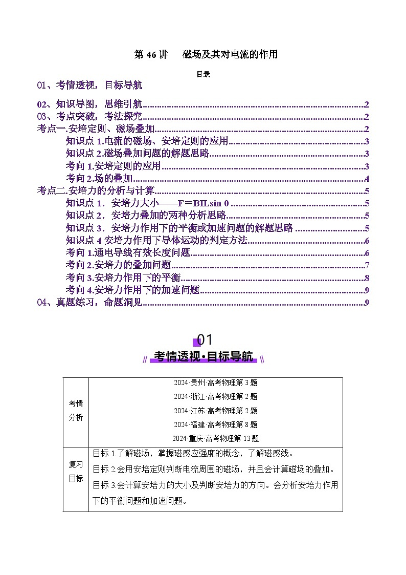第46讲   磁场及其对电流的作用（讲义）（原卷版）-2025年高考物理一轮复习讲练测（新教材新高考）第1页
