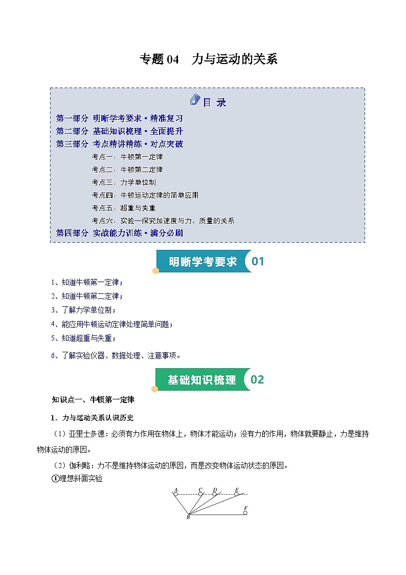 专题04 力与运动的关系（知识梳理 6大考点精讲精练 实战训练）（解析版）-2025年高中物理学业水平合格性考试总复习（江苏专用）第1页