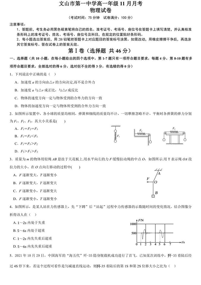 云南省文山壮族苗族自治州文山市第一中学2024～2025学年高一(上)11月月考物理试卷(含解析)第1页