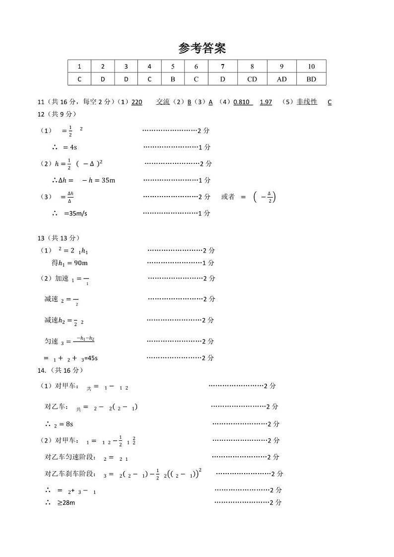 2024级高一第一学期阶段考试物理（答案）第1页