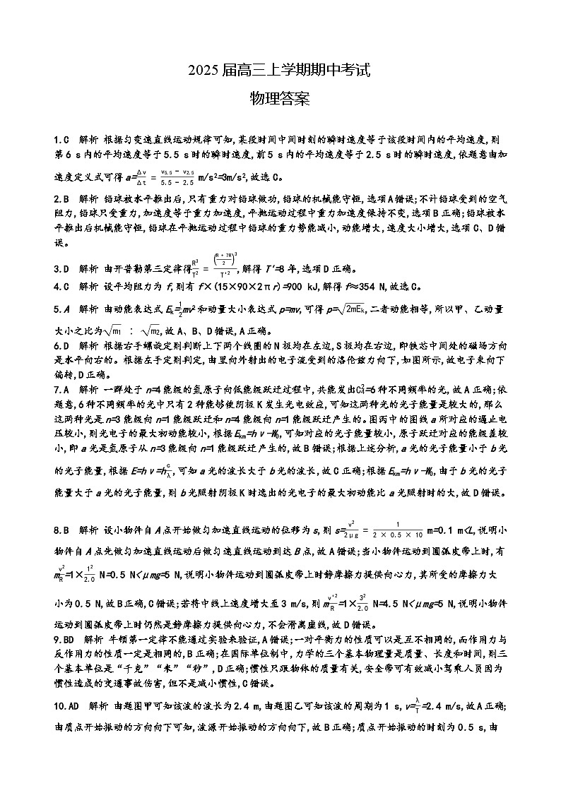 2025届高三上学期期中考试物理答案第1页