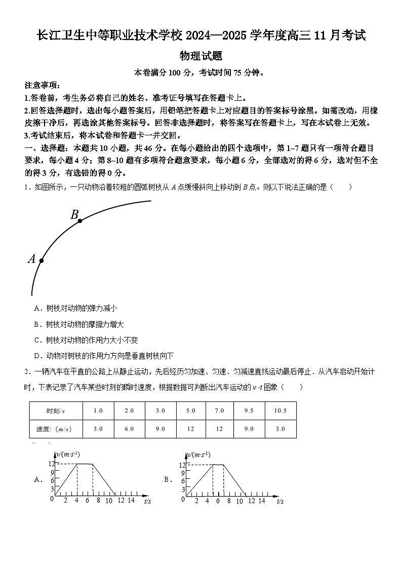 辽宁省葫芦岛市长江卫生中等职业技术学校2024-2025学年高三上学期11月月考物理试题第1页