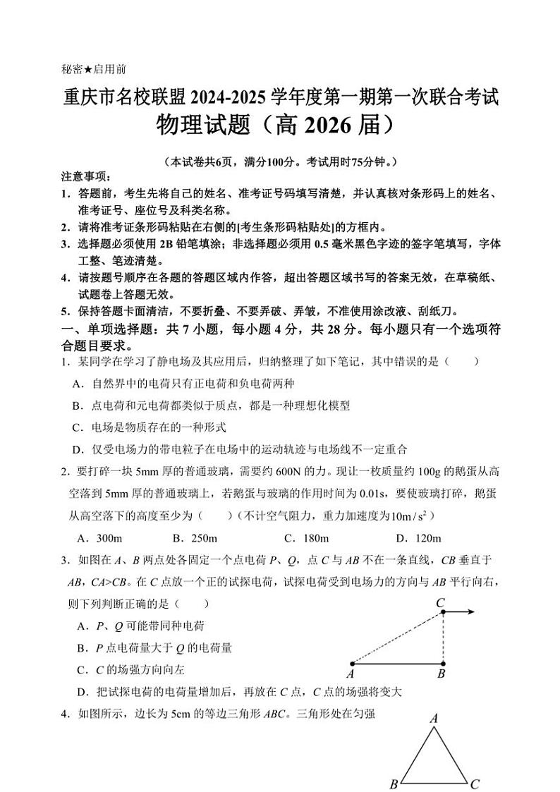 重庆市名校联盟2024～2025学年高二(上)期中物理试卷(含答案)第1页