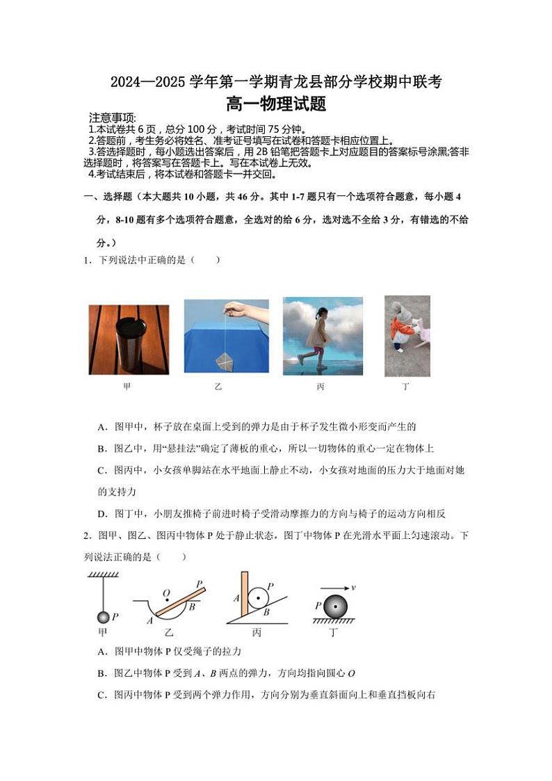 河北省秦皇岛市青龙满族自治县部分学校2024～2025学年高一(上)期中联考物理试卷(含答案)第1页
