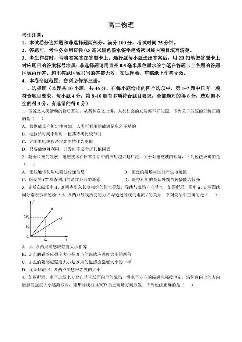 贵州省九师联盟2024-2025学年高二上学期11月联考物理（鲁科版）试卷（PDF版附解析）第1页