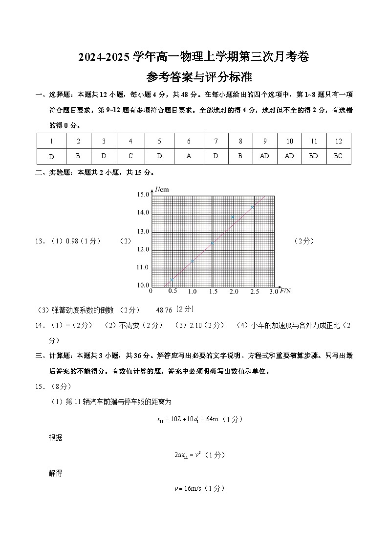 高一物理上学期第三次月考卷02（参考答案）（人教版2019）第1页