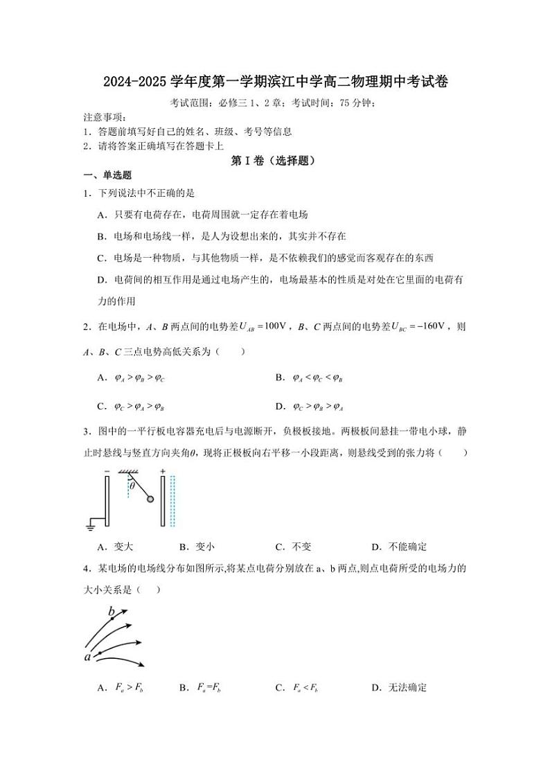 江西省樟树市滨江中学2024～2025学年高二(上)期中物理试卷(含解析)第1页